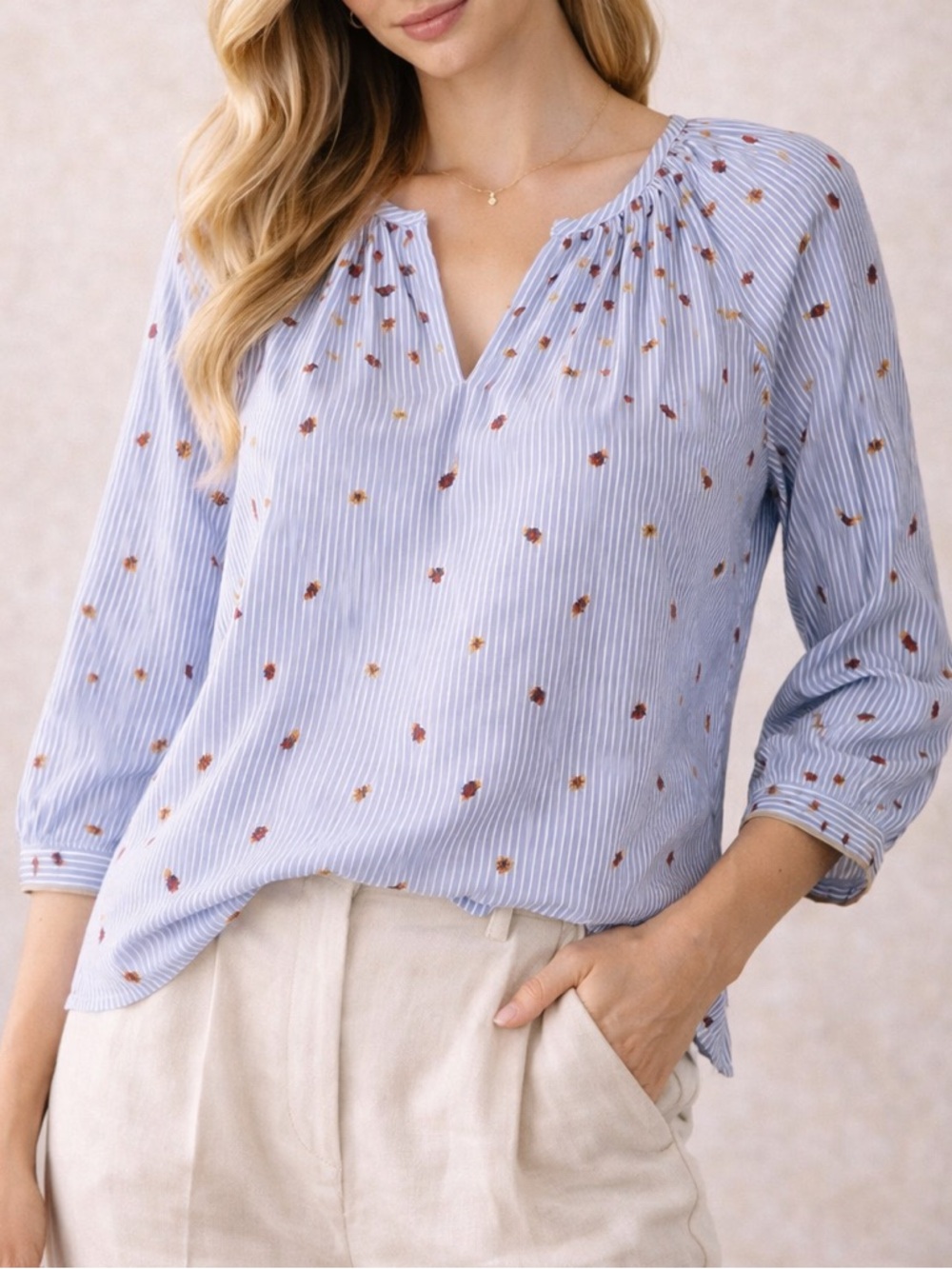 Velvet Graham Spencer Embroidered Stripe Cotton Blouse XS Blue Floral Peasant